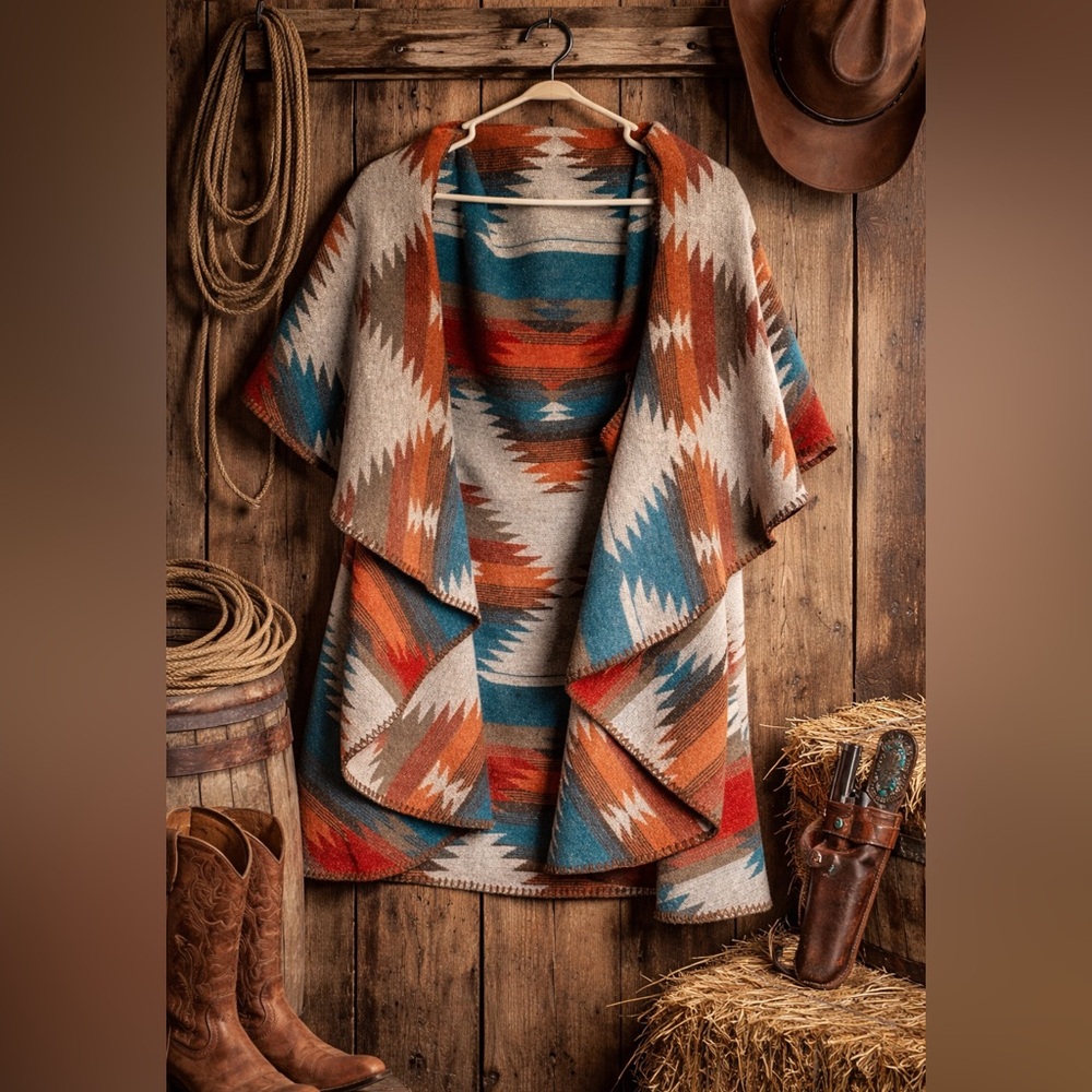 Southwestern Open-Front Shawl Collar Cape Coat - Multicolor